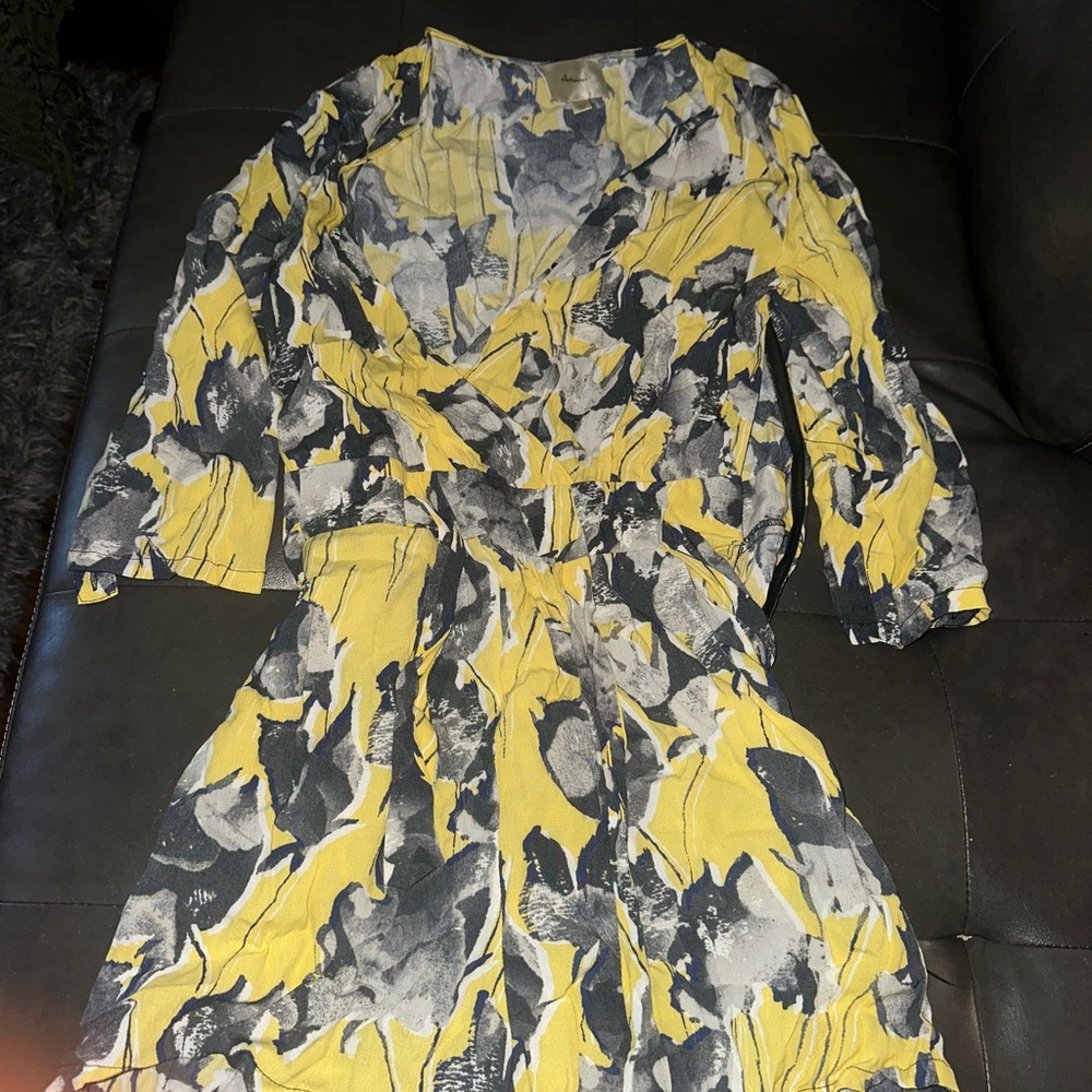 Elevenses Yellow and Gray Ruffled Wrap romper with Bishop Sleeves
